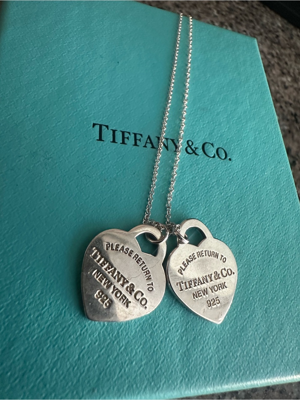 Tiffany & Co. Silver Heart Tag Double Pendant Necklace with Blue Box